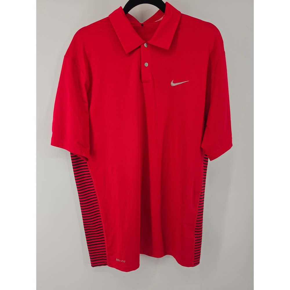 Nike Golf Tiger Woods Collection Red Black Striped Dri-FIT Polo Shirt Mens M